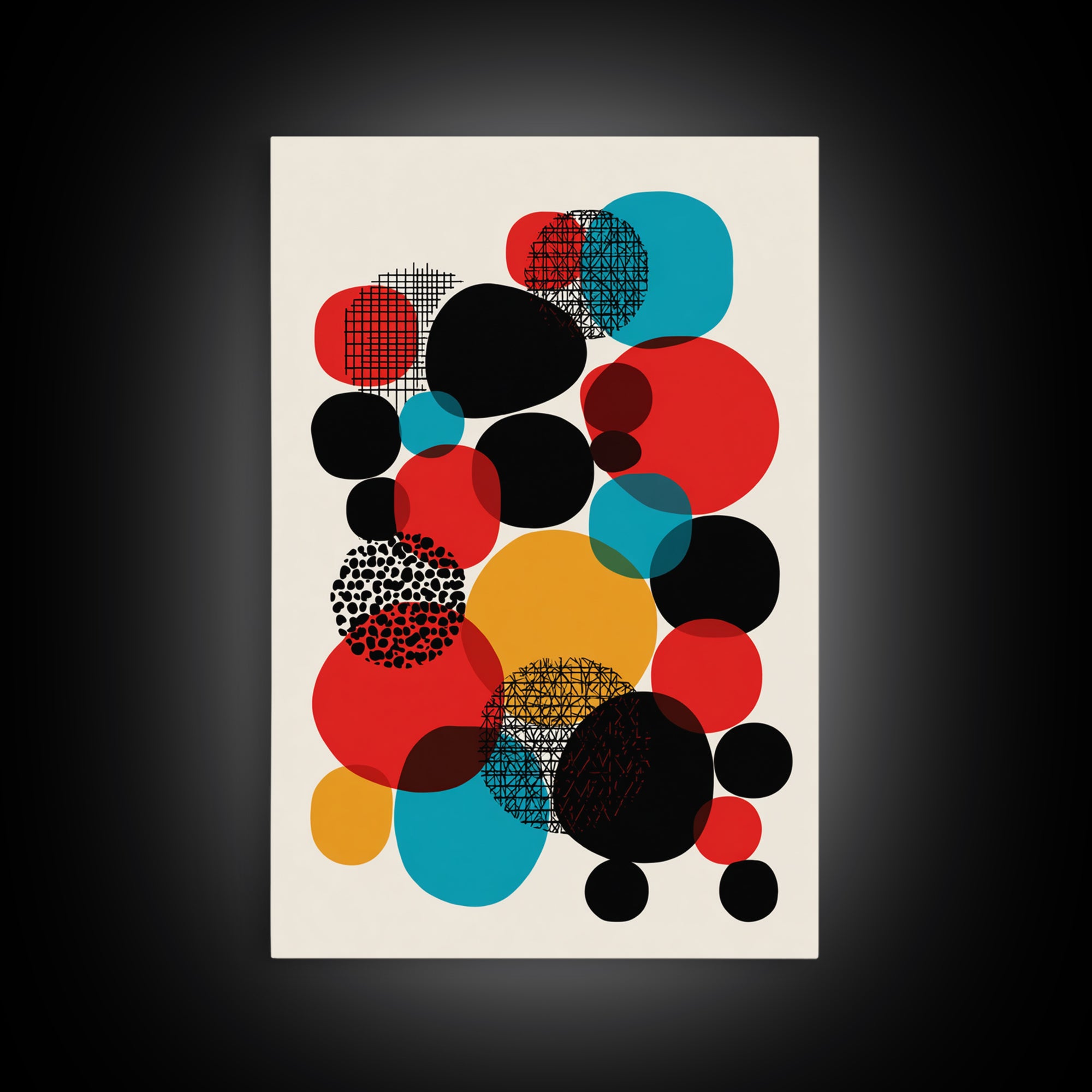 Red Teal Black Circle Cluster Canvas Print, Mid Century Modern Abstract Art, Retro Geometric Wall Decor, Mustard Cream Poster