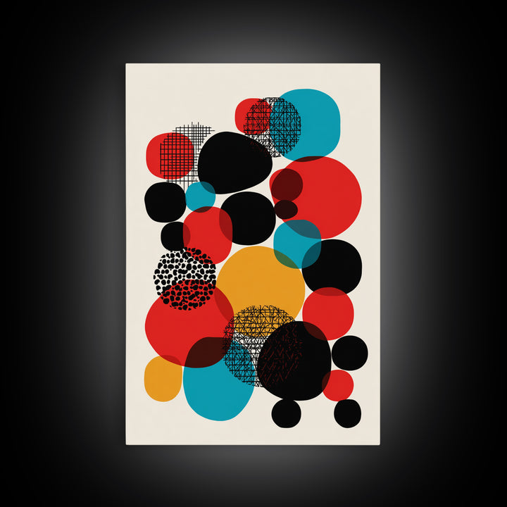 Red Teal Black Circle Cluster Canvas Print, Mid Century Modern Abstract Art, Retro Geometric Wall Decor, Mustard Cream Poster