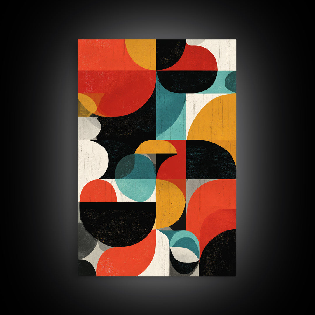 Bauhaus Blocks And Circles Framed Canvas Print, Mid Century Modern Abstract Wall Decor, Retro Geometric Art, Red Teal Mustard