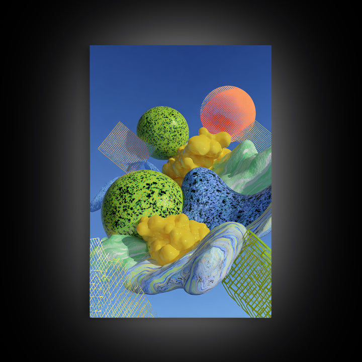 Surreal Speckled Planets And Mesh Mountains Canvas Print, Bright Midcentury Modern Abstract Wall Decor, Colorful Retro Art