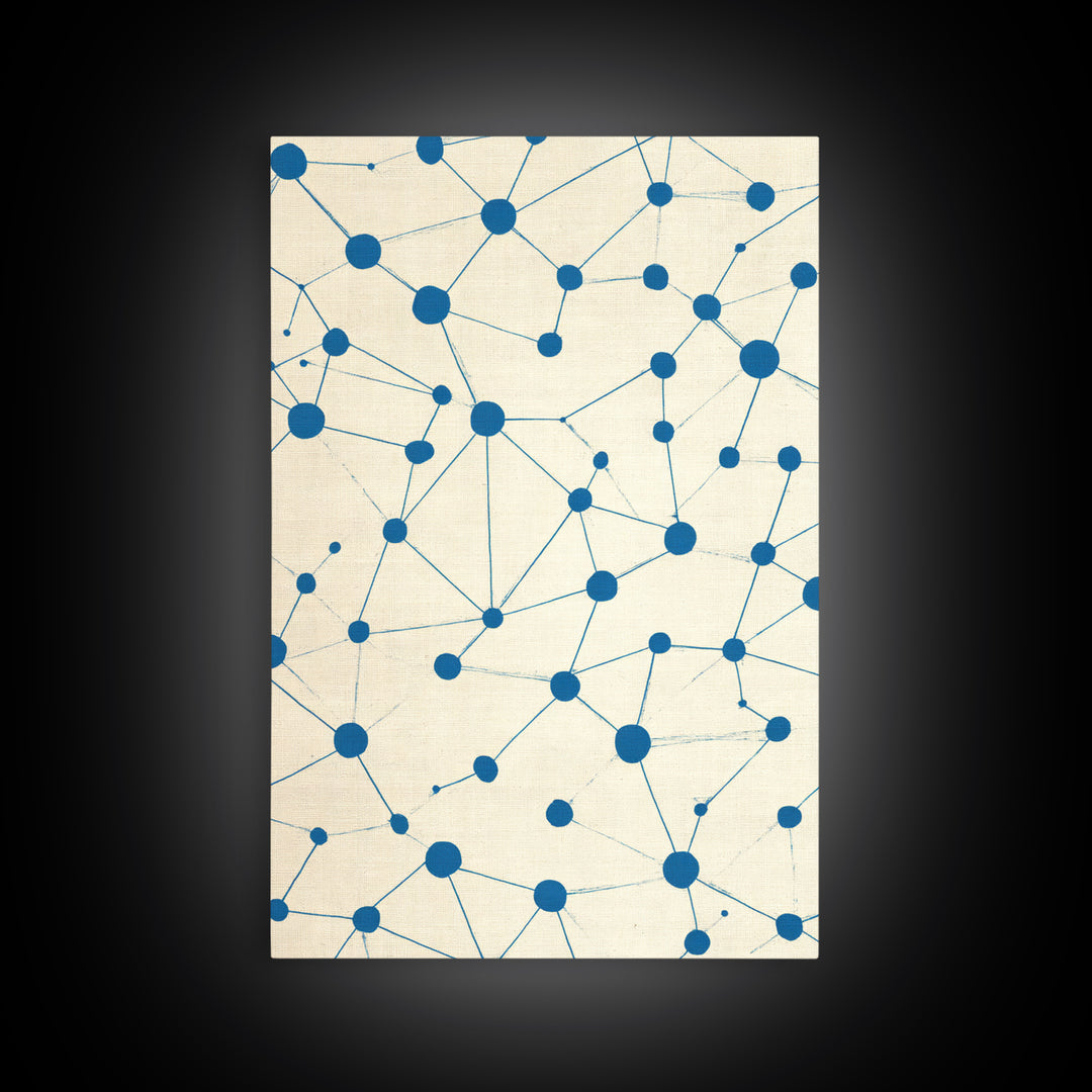 Blue Constellation Dot Pattern Canvas Print, Midcentury Modern Geometric Wall Art, Minimal Abstract Linen Home Office Decor