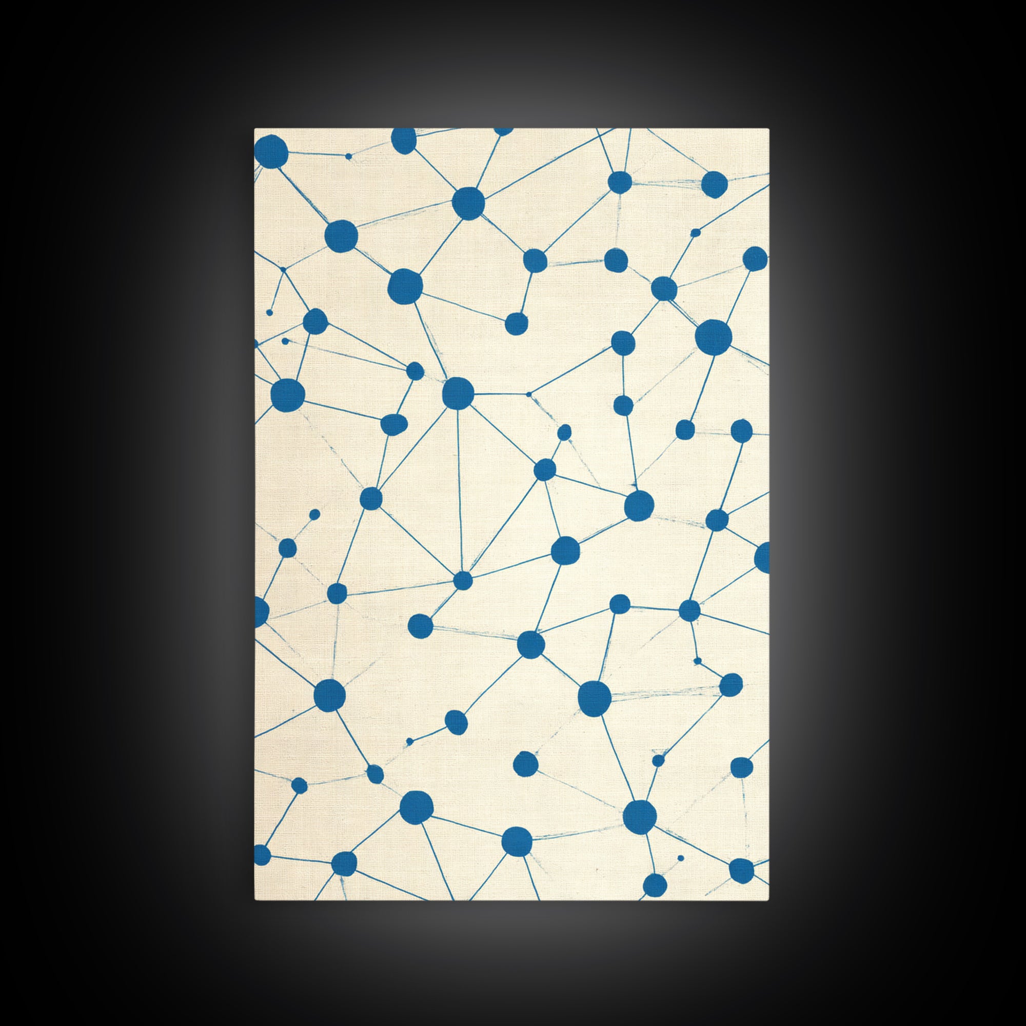 Blue Constellation Dot Pattern Canvas Print, Midcentury Modern Geometric Wall Art, Minimal Abstract Linen Home Office Decor