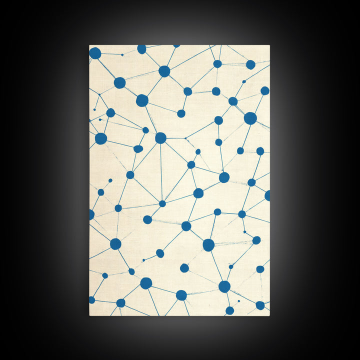 Blue Constellation Dot Pattern Canvas Print, Midcentury Modern Geometric Wall Art, Minimal Abstract Linen Home Office Decor