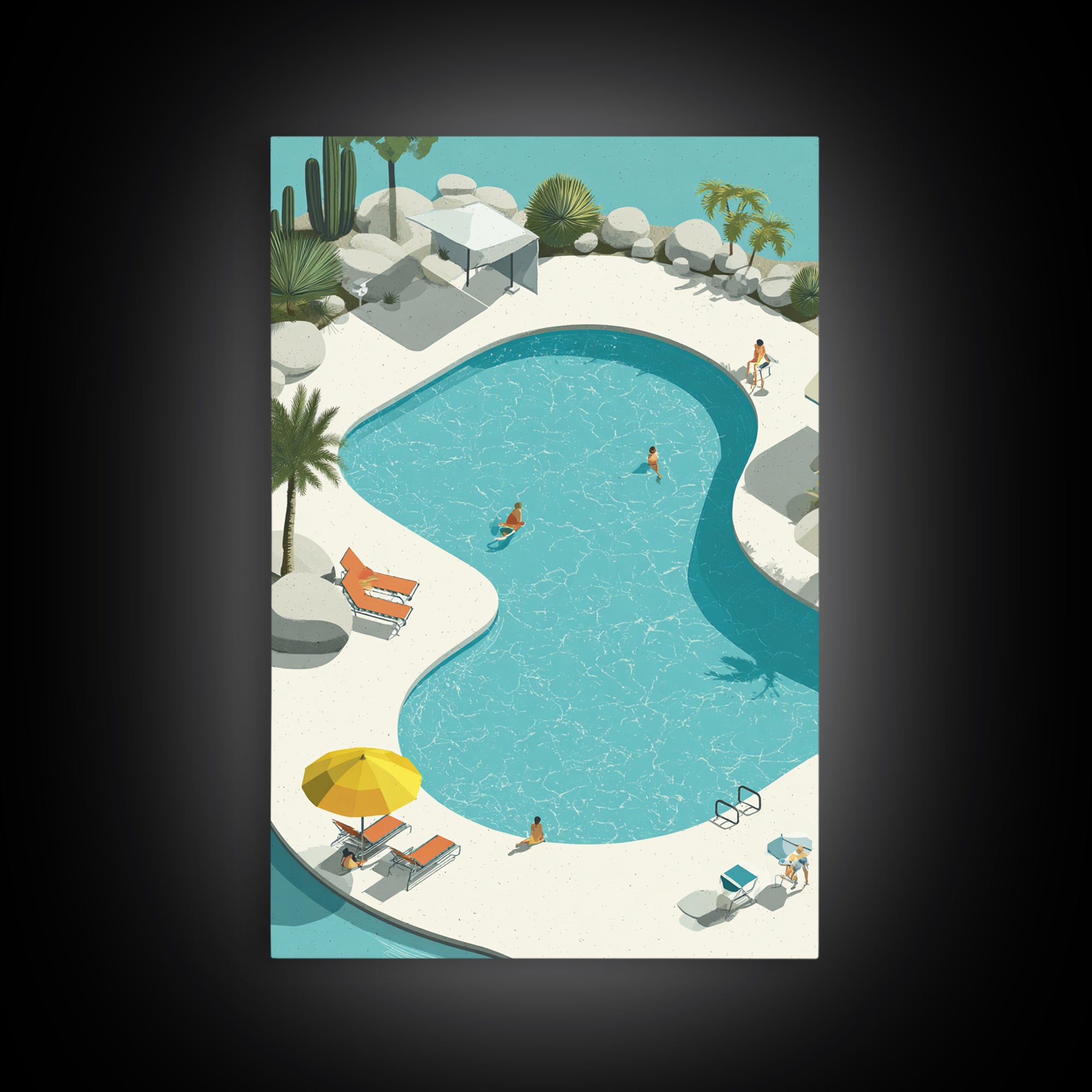 Aerial Desert Pool With Palms Wall Art, Midcentury Modern Palm Springs Print, Retro Vacation Resort Living Room Home Decor