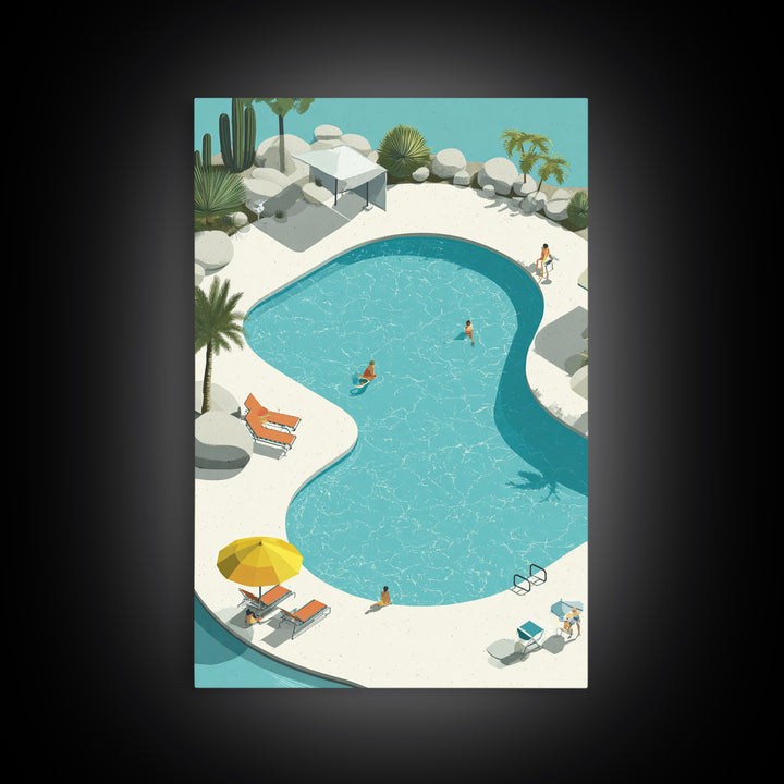 Aerial Desert Pool With Palms Wall Art, Midcentury Modern Palm Springs Print, Retro Vacation Resort Living Room Home Decor