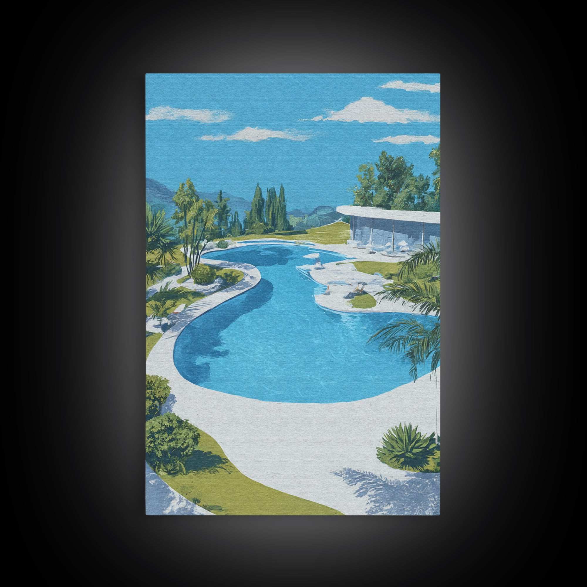 Midcentury Pool And Glass House Landscape Canvas Print, Palm Springs Modern Wall Art, Retro Architecture Living Room Home Decor