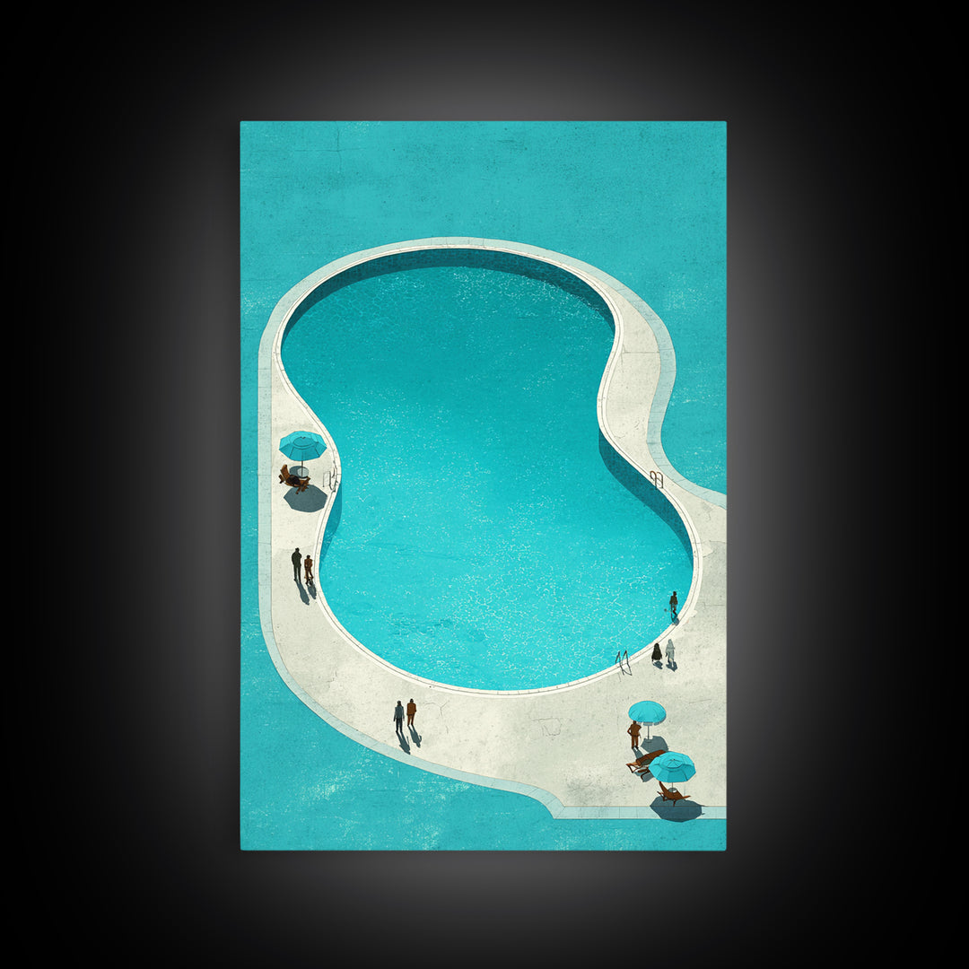 Minimal Turquoise Resort Pool Framed Canvas Print, Midcentury Modern Wall Art, Palm Springs Retro Travel Poster Living Room Decor