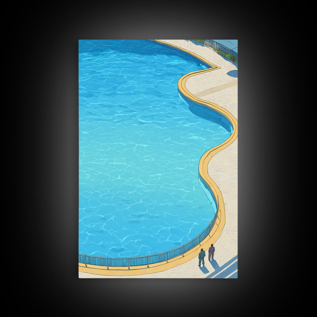 Curved Blue Swimming Pool Wall Art, Midcentury Modern Coastal Resort Print, Minimal Summer Travel Living Room Home Decor