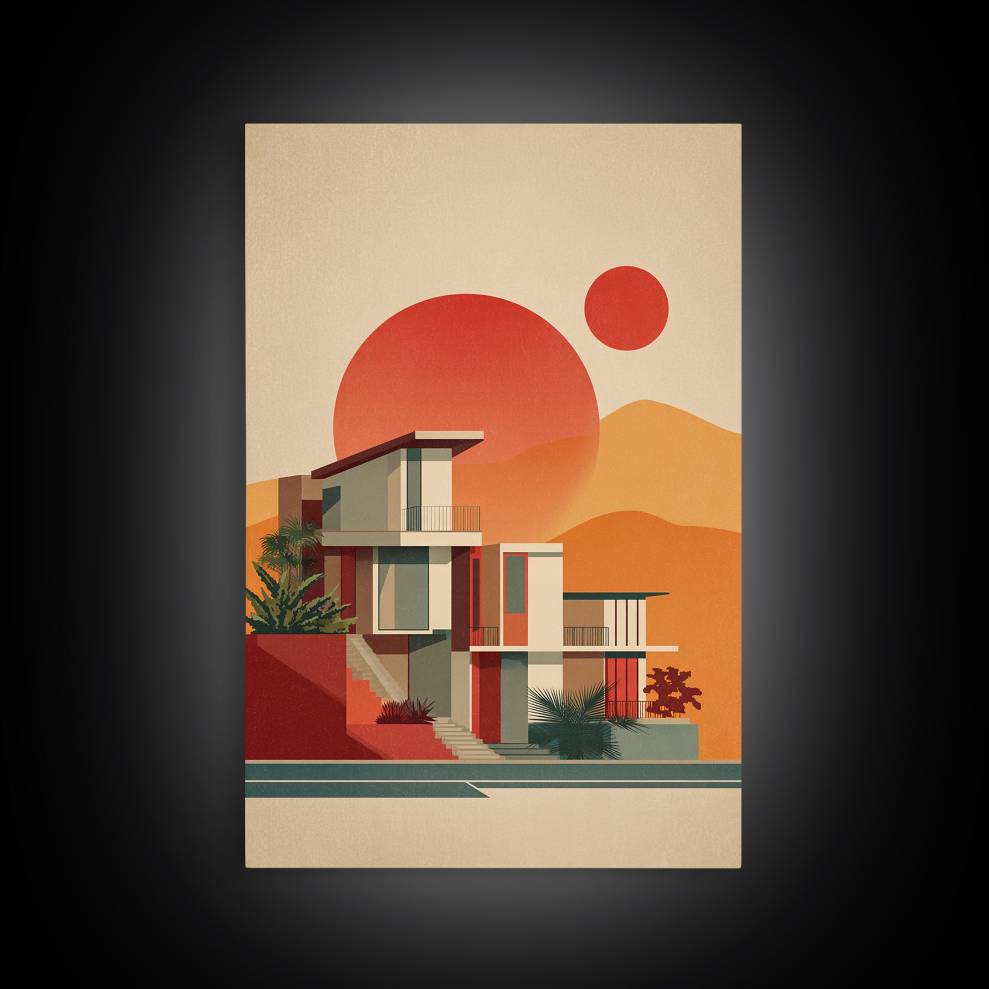 Desert Modernist House With Red Sun Wall Art, Mid Century Modern Poster, Retro Palm Springs Decor, Architectural Art Print
