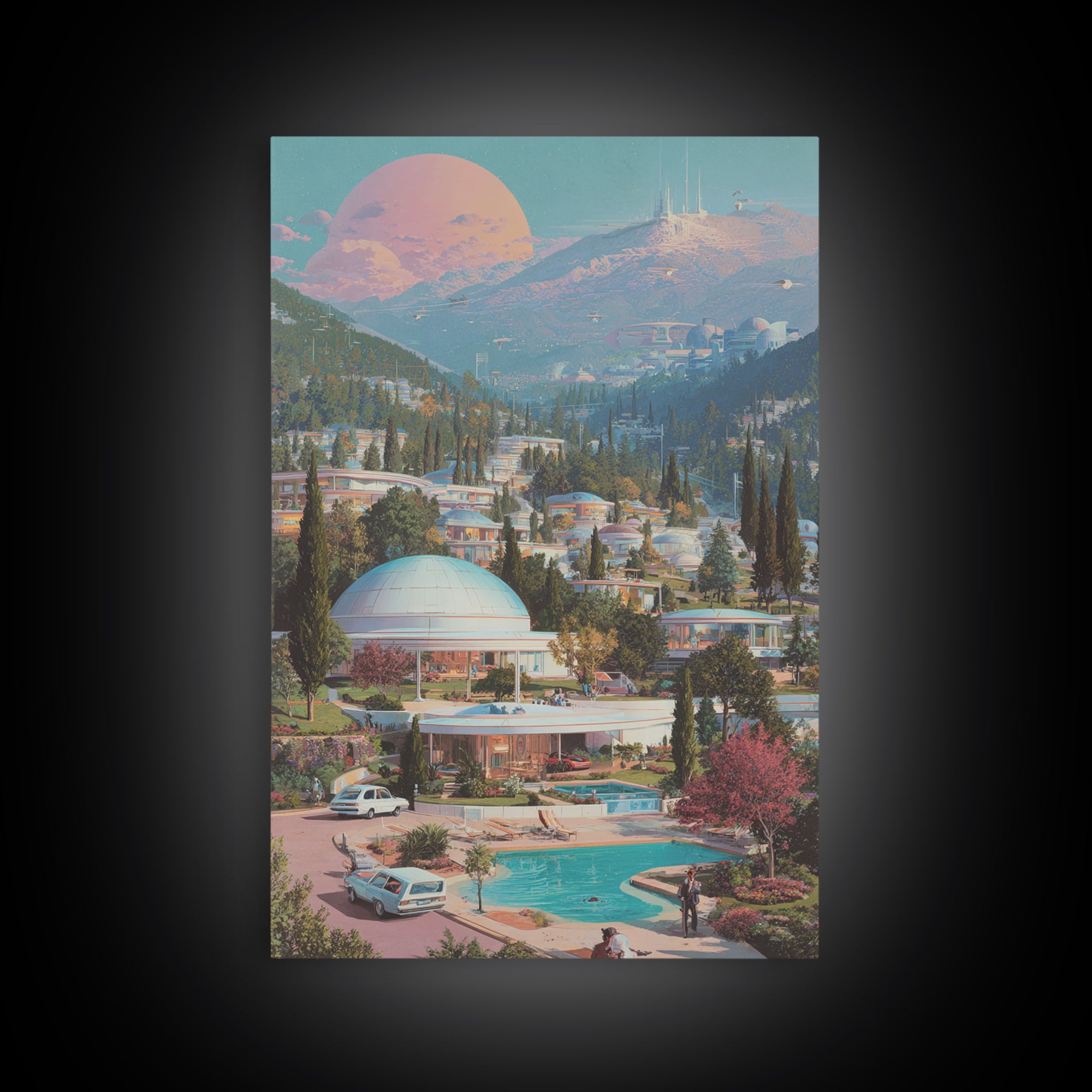 Futuristic Mountain Resort With Pink Moon Wall Art, Midcentury Modern Sci Fi Poster, Retro Travel Print, Scenic Home Decor