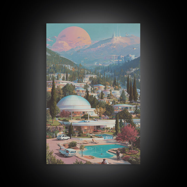 Futuristic Mountain Resort With Pink Moon Wall Art, Midcentury Modern Sci Fi Poster, Retro Travel Print, Scenic Home Decor