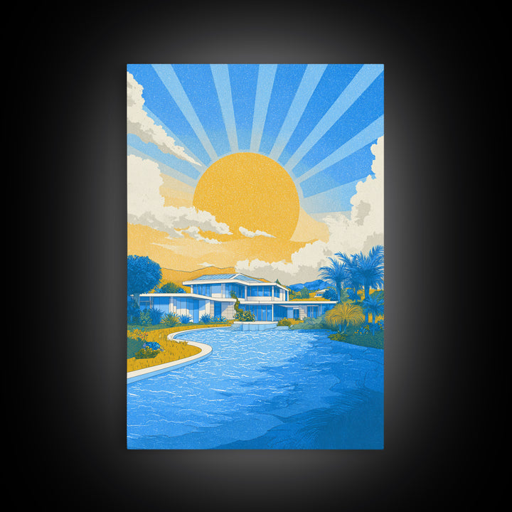 Blue Poolside Modern House With Sun Rays Framed Canvas Print, Mid Century Modern Wall Art, Tropical Palm Springs Decor Poster