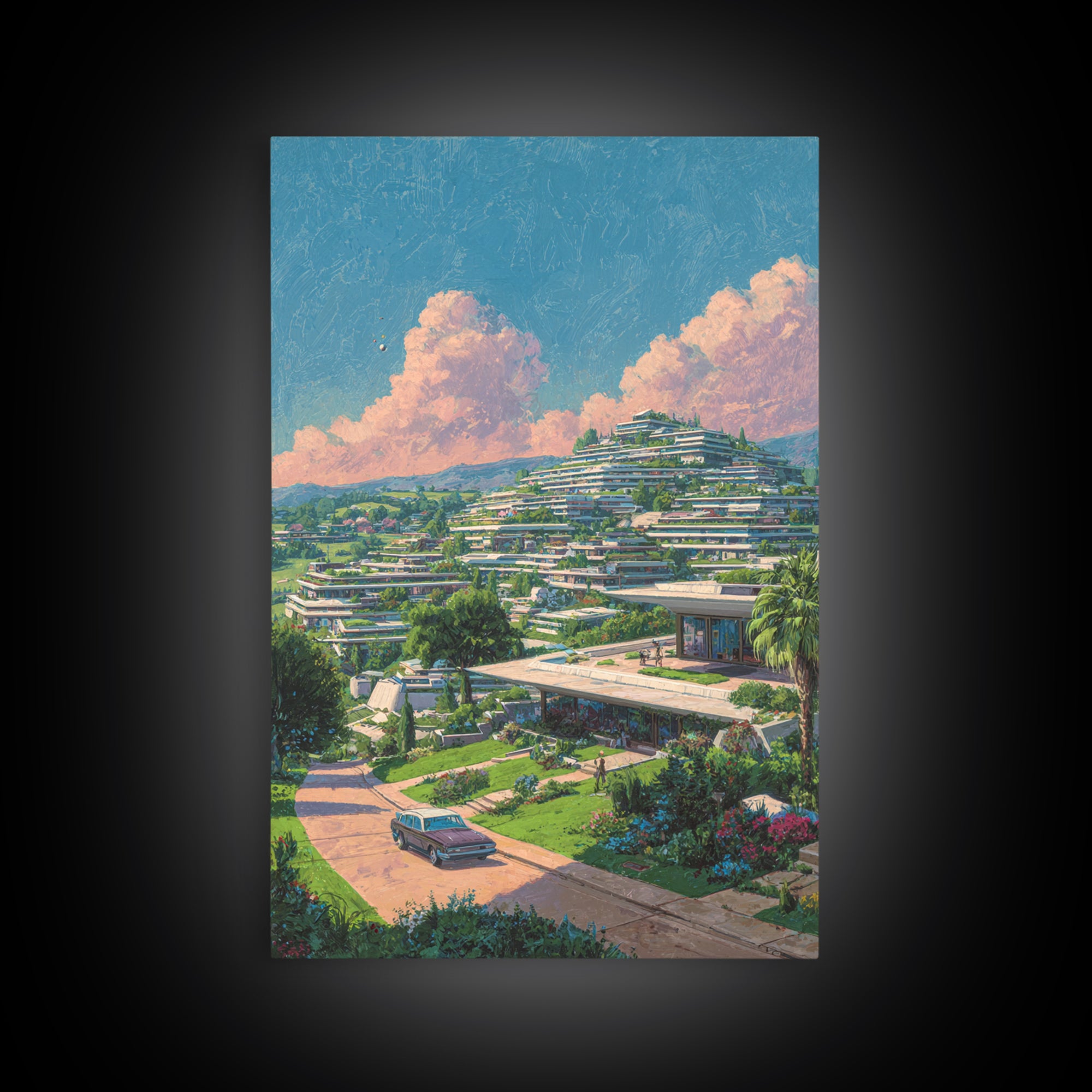 Terraced Hillside Utopia With Pink Clouds Wall Art, Midcentury Modern Architecture Poster, Colorful Landscape Home Decor