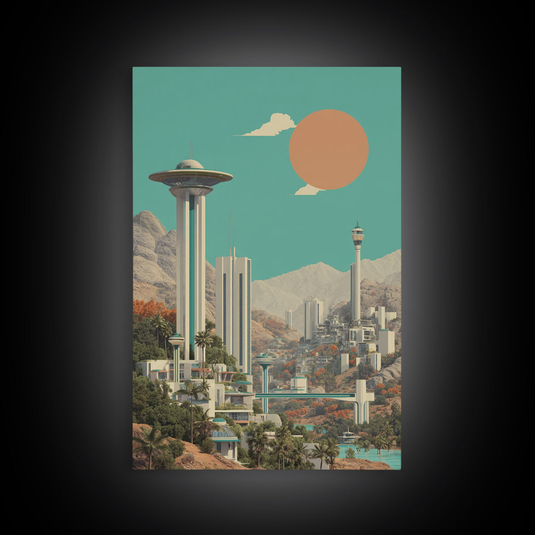 Futuristic Desert City With Saucer Tower Canvas Print, Midcentury Modern Wall Art, Sci Fi Retro Travel Poster Home Decor