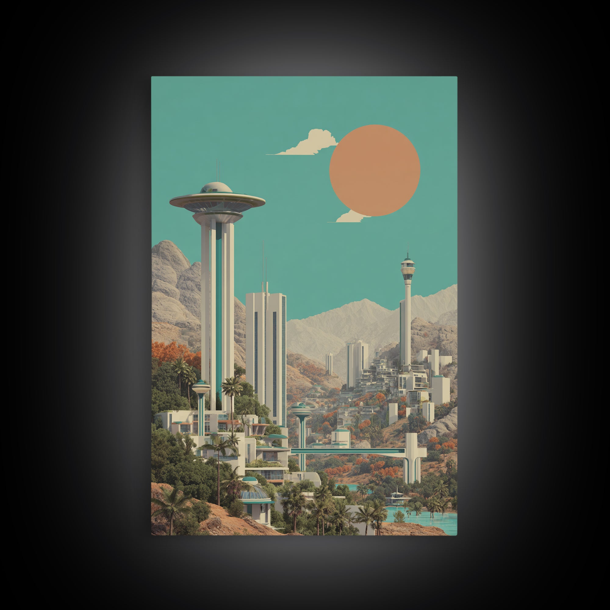 Futuristic Desert City With Saucer Tower Canvas Print, Midcentury Modern Wall Art, Sci Fi Retro Travel Poster Home Decor