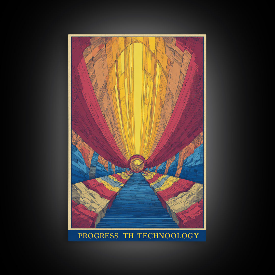 Glowing Futurist Technology Tunnel Wall Art, Retro Sci Fi Poster, Modern Abstract Art Print, Colorful Geometric Home Decor