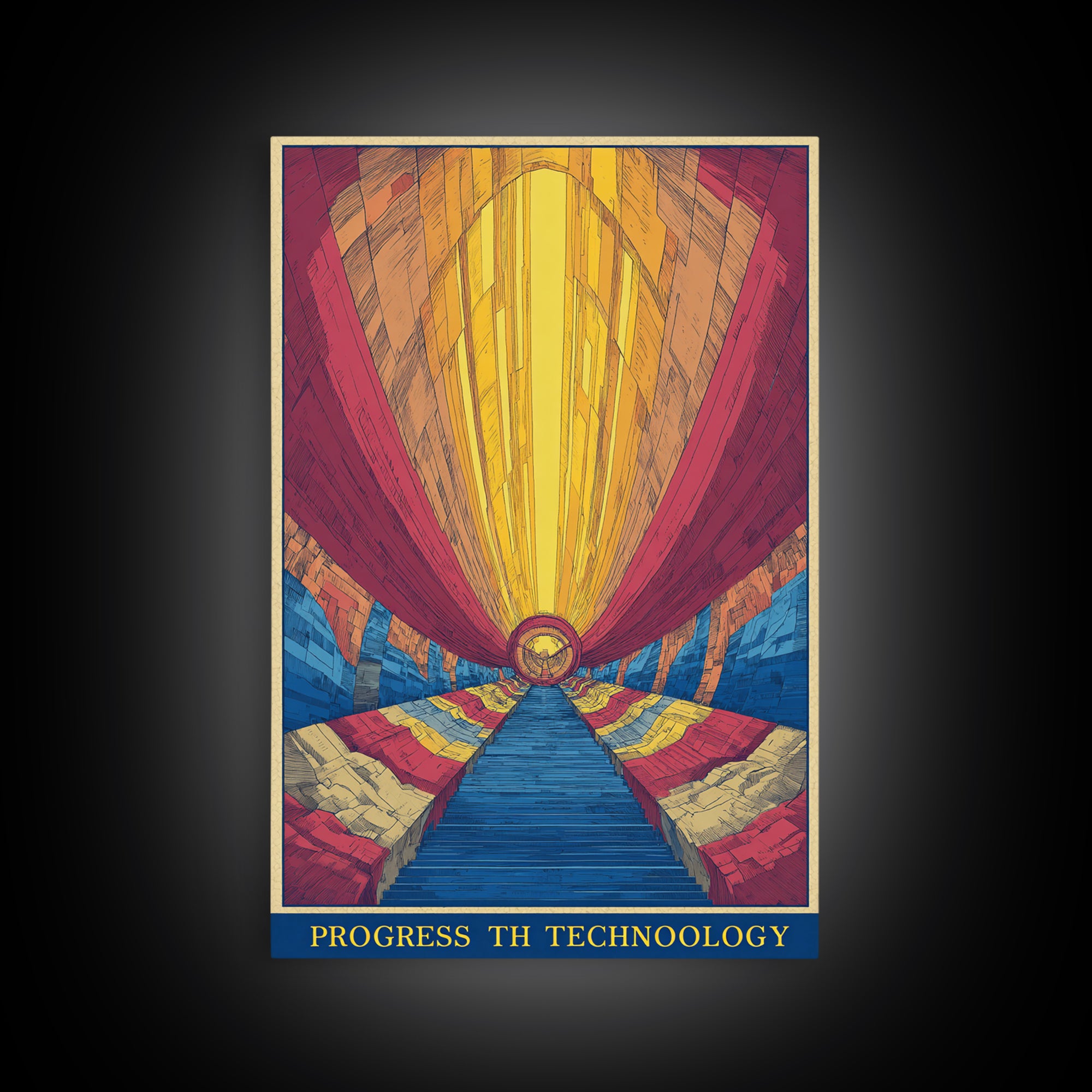 Glowing Futurist Technology Tunnel Wall Art, Retro Sci Fi Poster, Modern Abstract Art Print, Colorful Geometric Home Decor