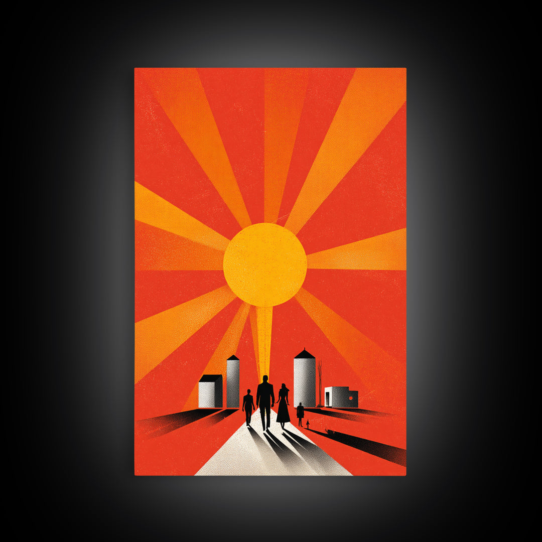 Family Silhouettes Walking Toward Sun Wall Art, Midcentury Modern Poster, Orange Retro Abstract Print, Inspirational Decor
