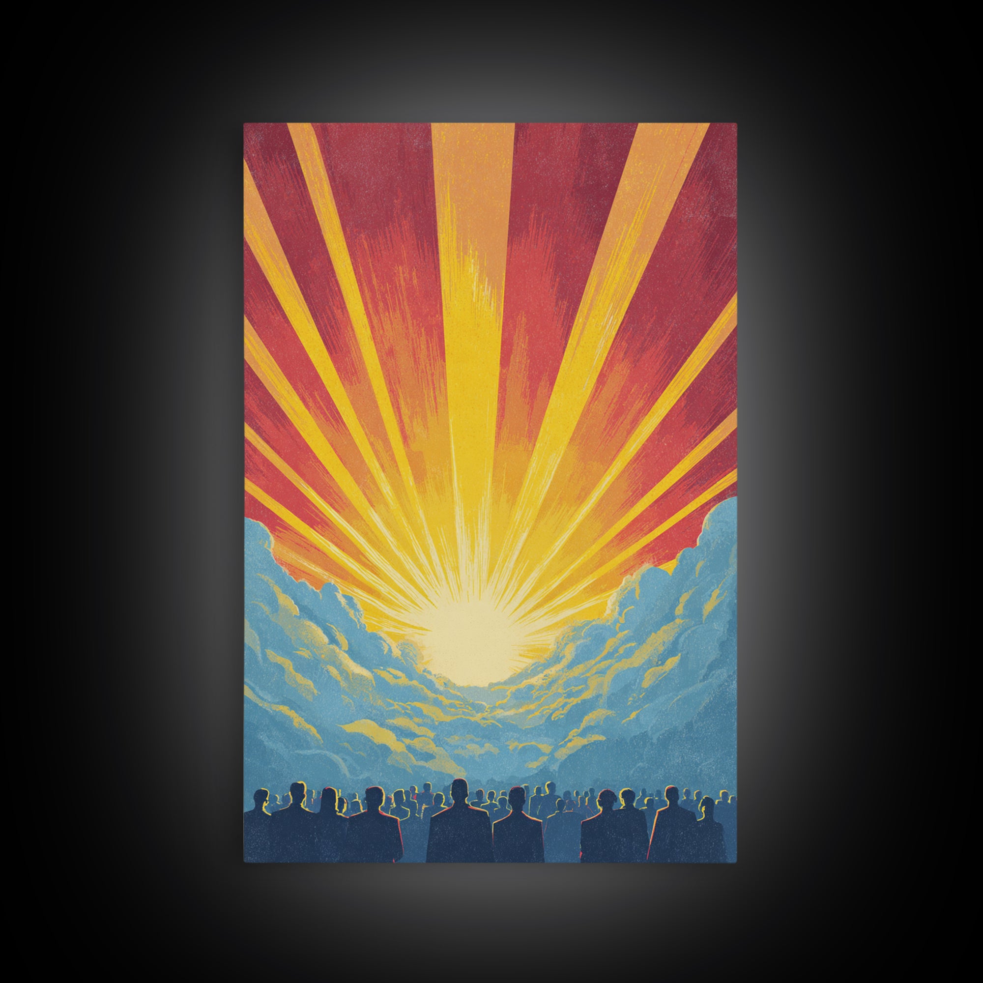 Radiant Sunrise Over Crowd Silhouette Canvas Print, Retro Sci Fi Wall Art, Inspirational Sun Poster, Colorful Home Decor