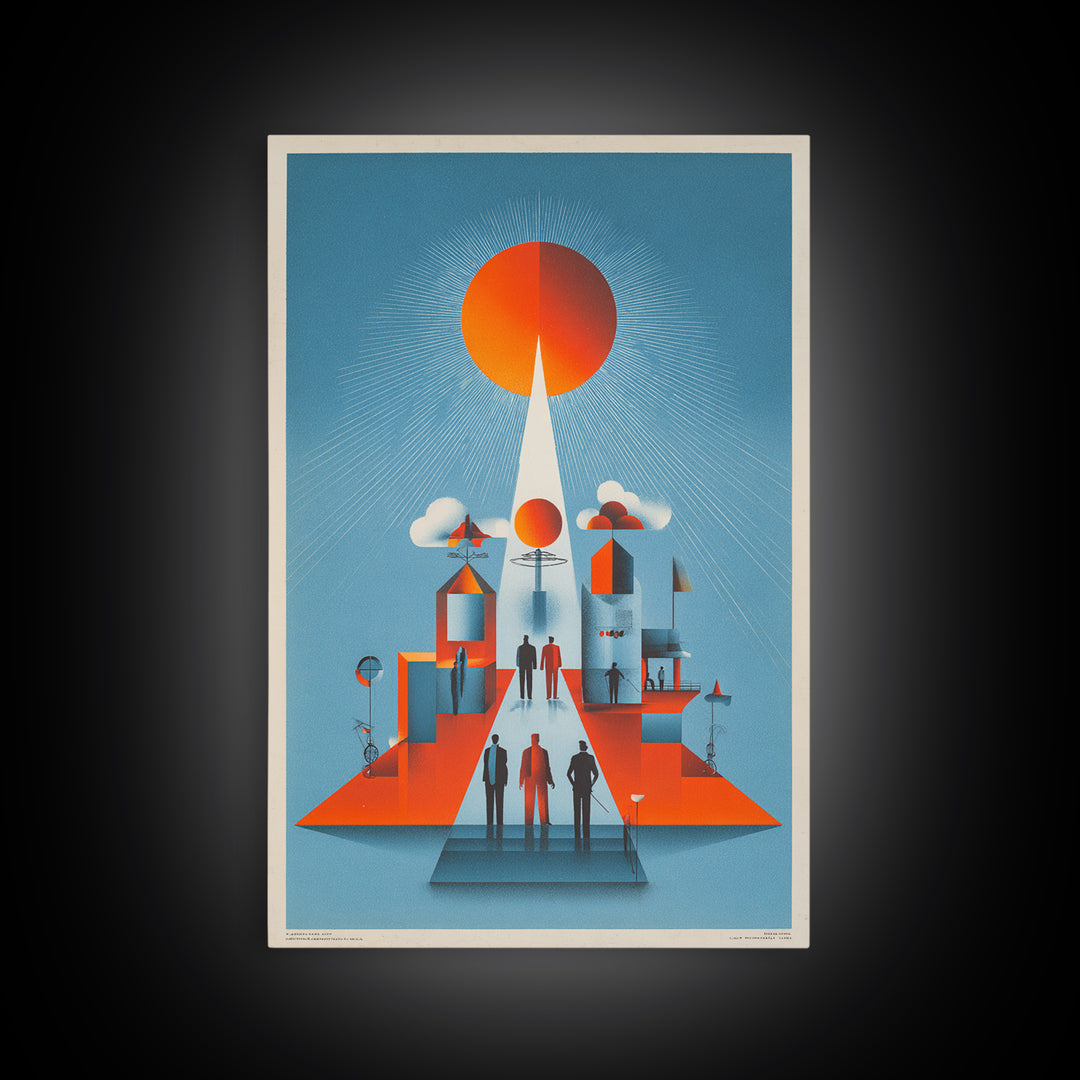 Futuristic Orange Sun City Wall Art, Midcentury Modern Art Print, Retro Geometric Poster, MCM Living Room Decor, Bold Blue Orange
