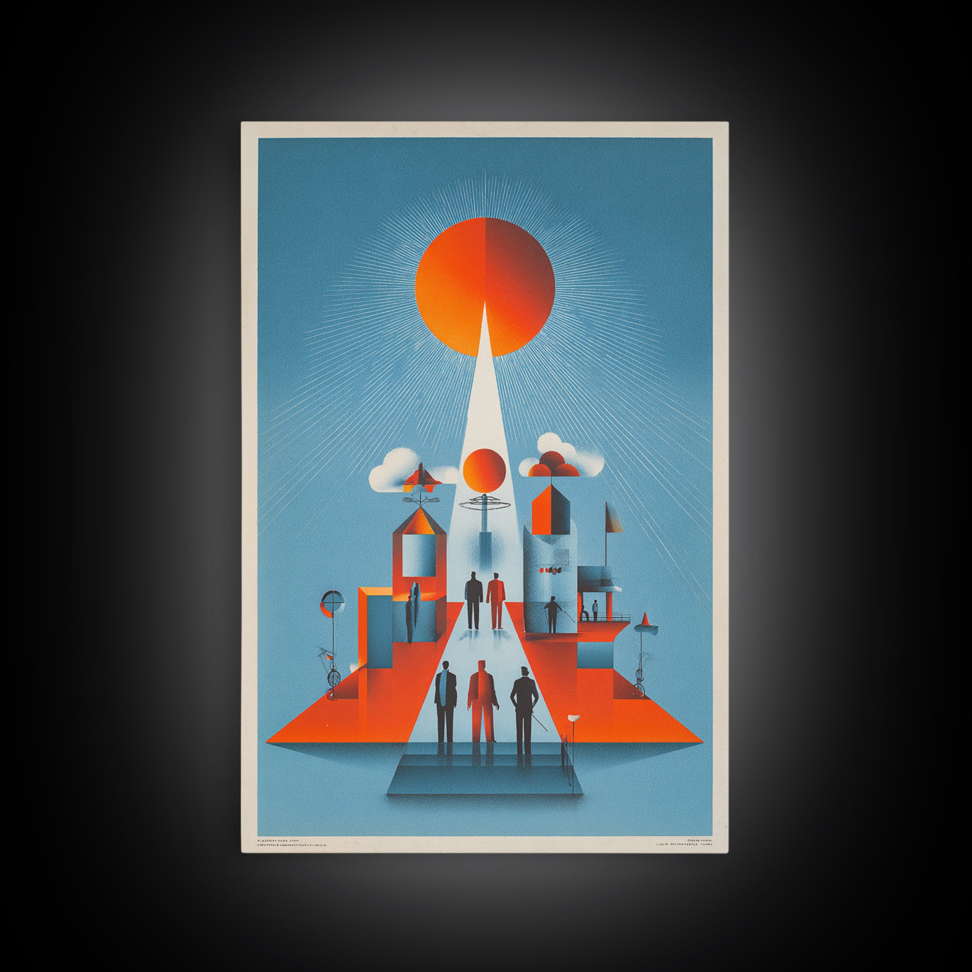 Futuristic Orange Sun City Wall Art, Midcentury Modern Art Print, Retro Geometric Poster, MCM Living Room Decor, Bold Blue Orange