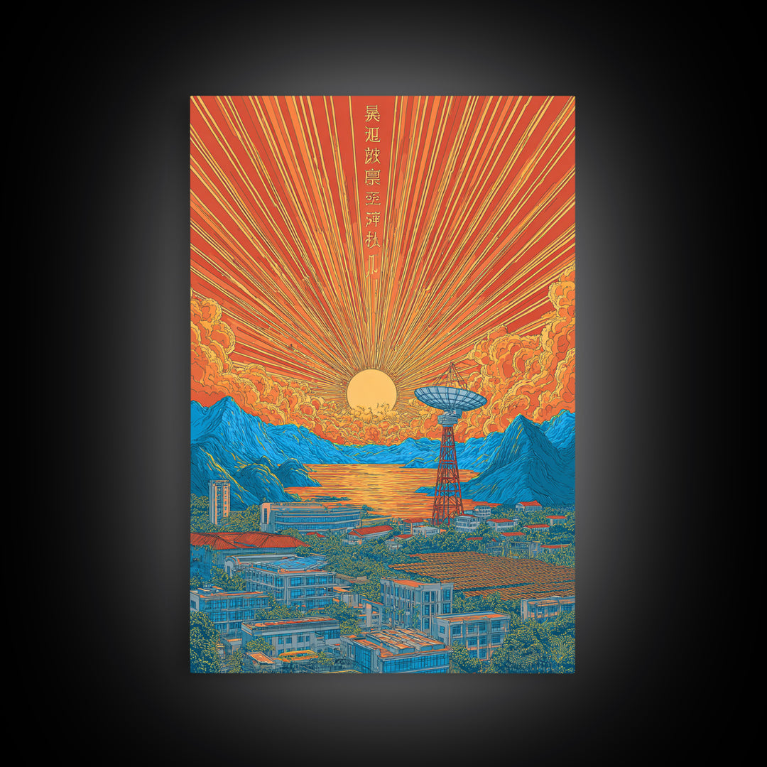 Japanese Sunrise Mountain Valley Canvas Print, Retro Travel Poster, Orange Blue Landscape Wall Decor, Midcentury Modern Art