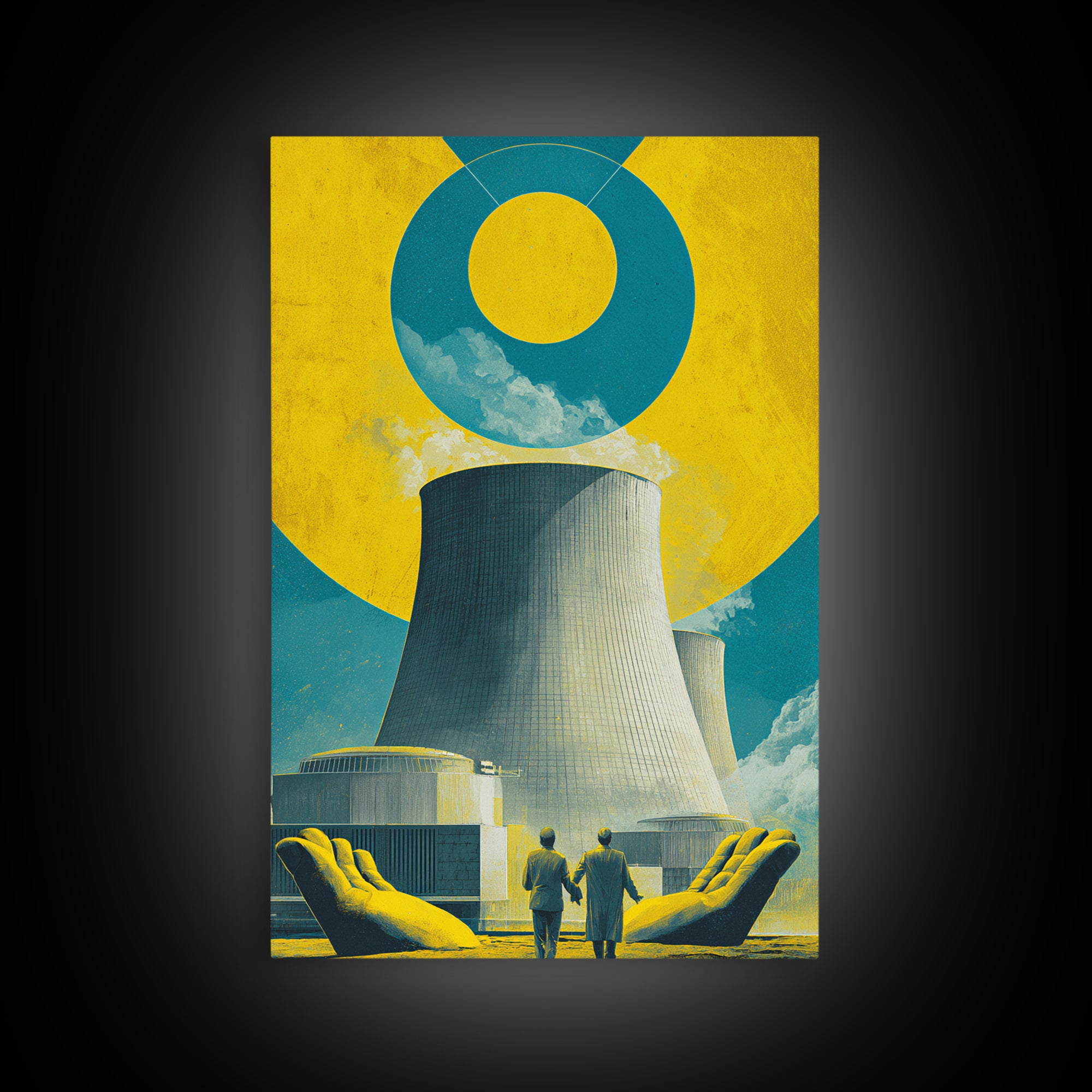 Nuclear Cooling Tower In Giant Hands Canvas Print, Retro Futurist Wall Decor, Yellow Teal Industrial Modern Art, MCM Poster