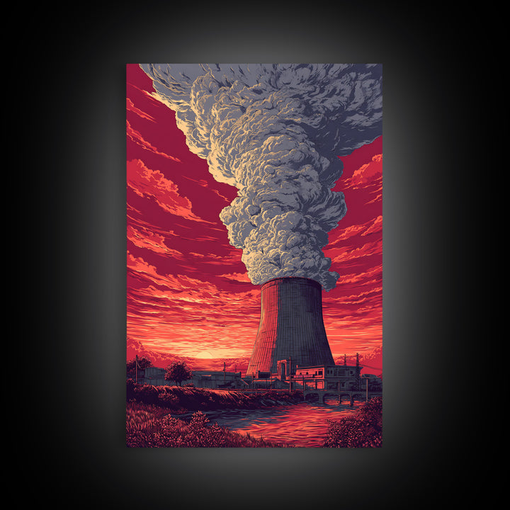 Dramatic Nuclear Cooling Tower Wall Art, Red Sunset Industrial Poster, Retro Sci Fi Landscape Print, Statement Home Decor