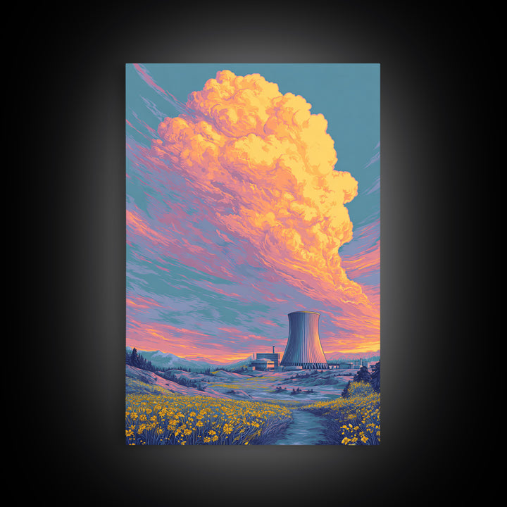 Pastel Nuclear Plant With Flower Field Wall Art, Scenic Landscape Poster, Colorful Modern Home Decor, Retro Art Print, Gift