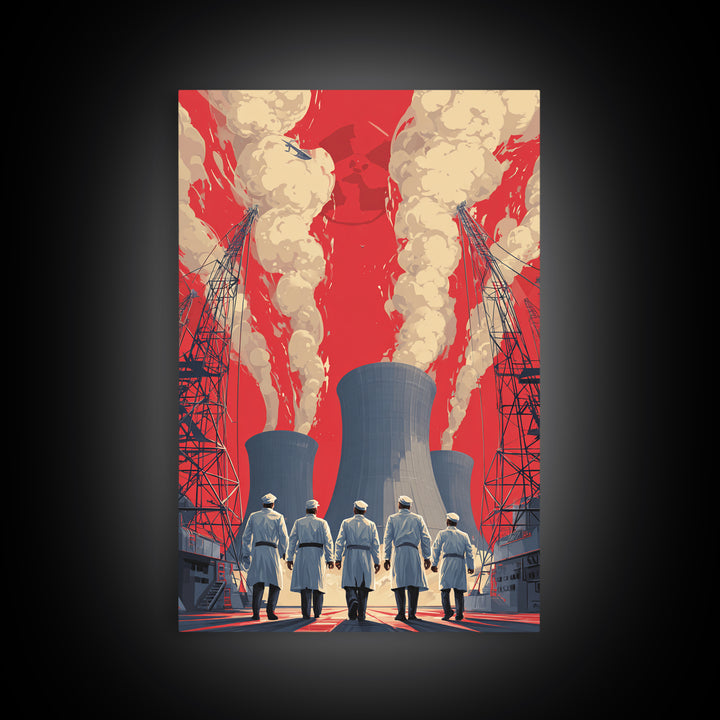 Nuclear Plant Workers Under Red Sky Framed Canvas Print, Industrial Wall Art, Retro Sci Fi Poster, Bold Statement Home Decor