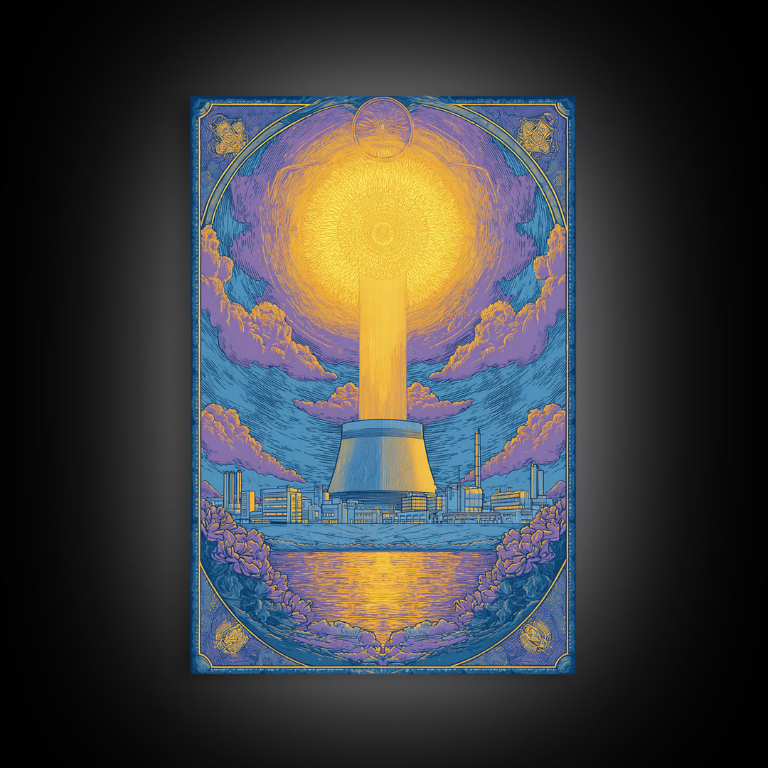 Ornate Radiant Nuclear Tower Wall Art, Art Nouveau Industrial Poster, Blue Gold Scenic Print, Spiritual Modern Statement Decor