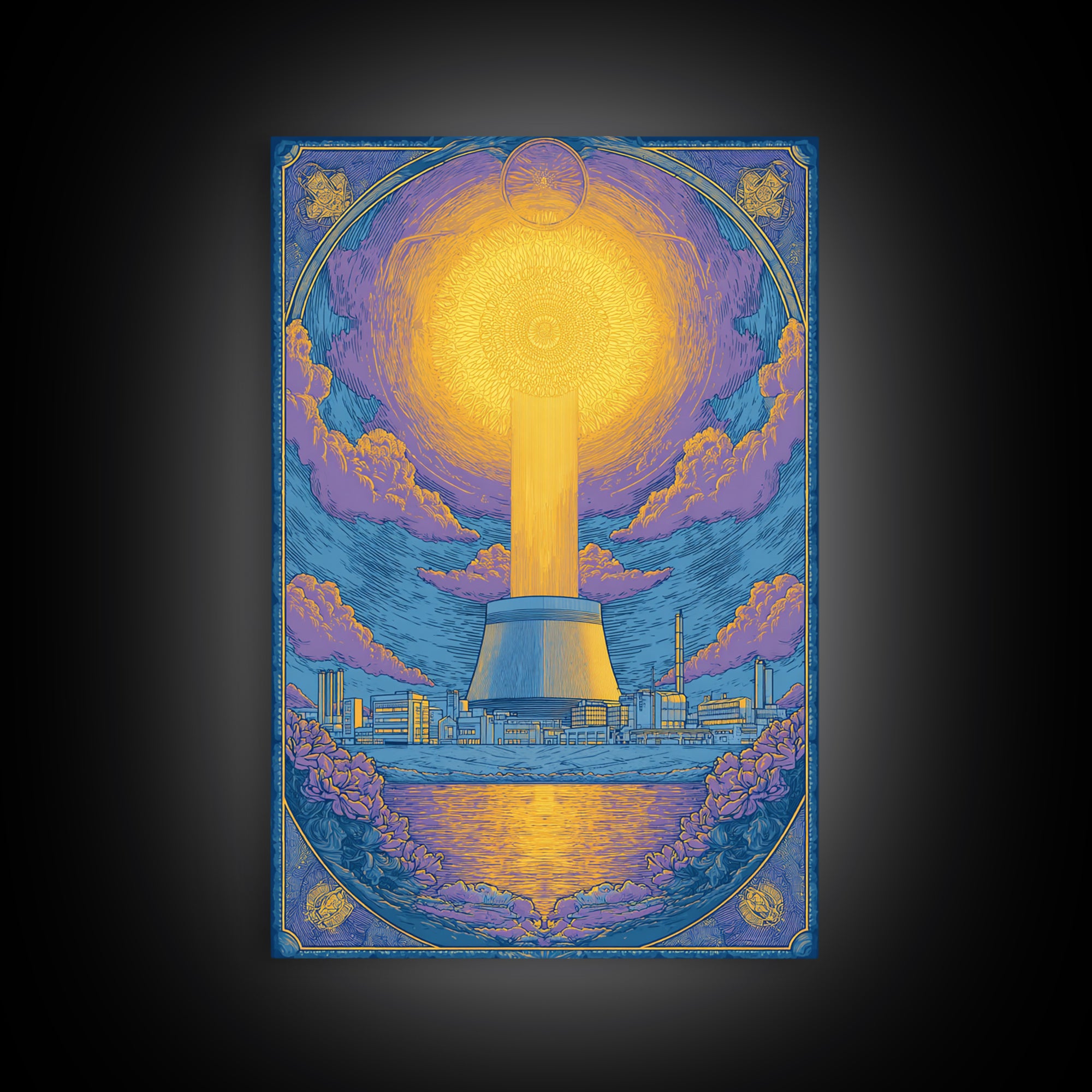 Ornate Radiant Nuclear Tower Wall Art, Art Nouveau Industrial Poster, Blue Gold Scenic Print, Spiritual Modern Statement Decor