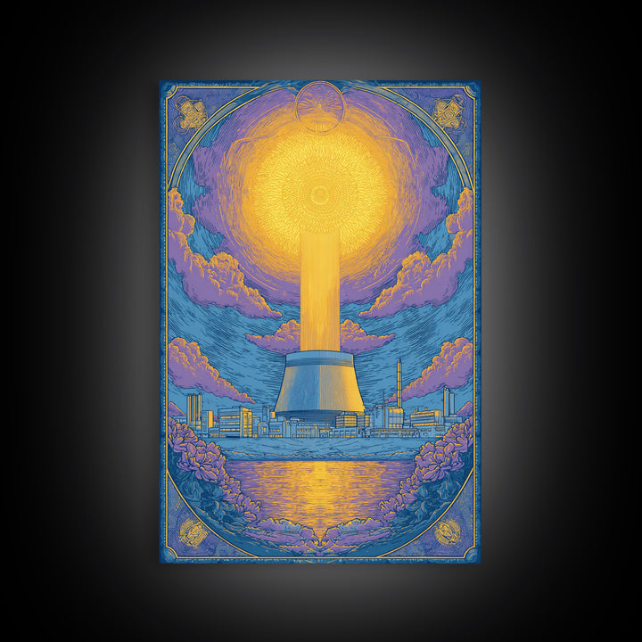Ornate Radiant Nuclear Tower Wall Art, Art Nouveau Industrial Poster, Blue Gold Scenic Print, Spiritual Modern Statement Decor