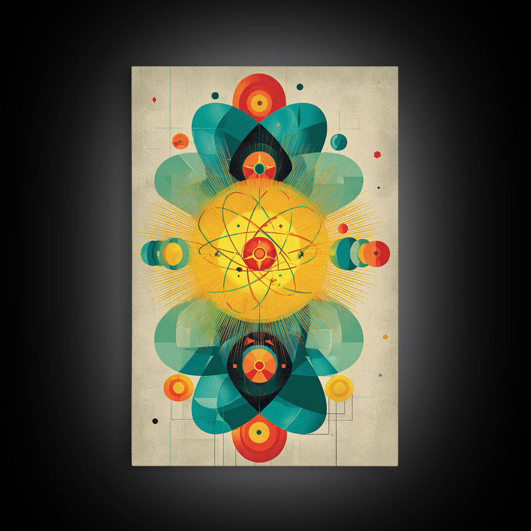 Atomic Flower Geometry Canvas Print, Midcentury Modern Abstract Art, Colorful Geometric Wall Decor, Retro Bauhaus Poster