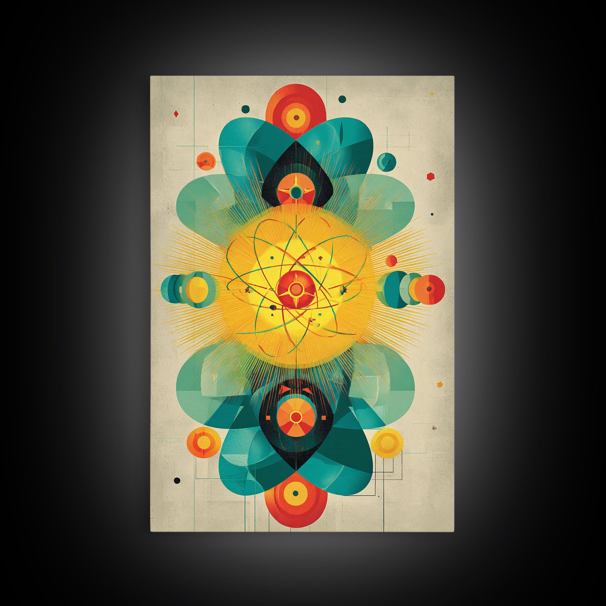 Atomic Flower Geometry Canvas Print, Midcentury Modern Abstract Art, Colorful Geometric Wall Decor, Retro Bauhaus Poster