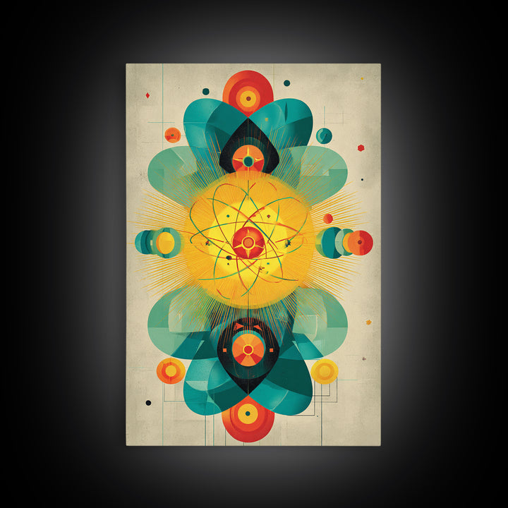 Atomic Flower Geometry Canvas Print, Midcentury Modern Abstract Art, Colorful Geometric Wall Decor, Retro Bauhaus Poster