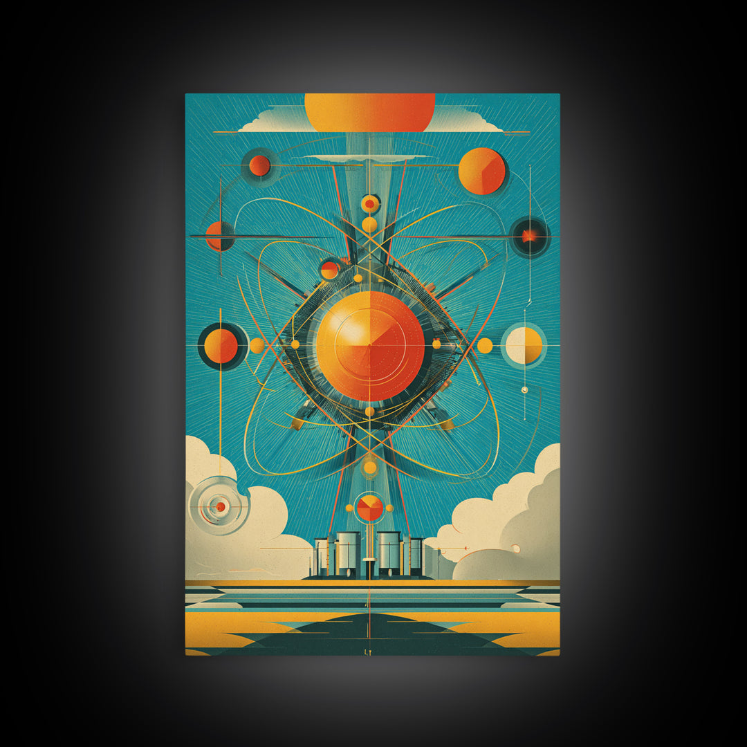 Atomic Orange Sun Orbit Wall Art, Midcentury Modern Abstract Space Poster, Teal Retro Geometric Decor, MCM Canvas Gift, Home Decor