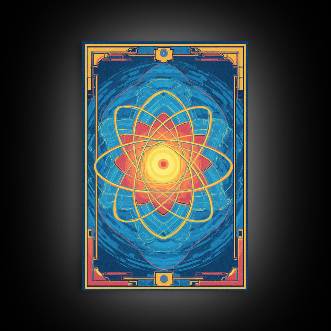 Radiant Atomic Mandala Framed Canvas Print, Midcentury Modern Art, Blue Geometric Wall Decor, Retro Sci Fi Home Poster Gift