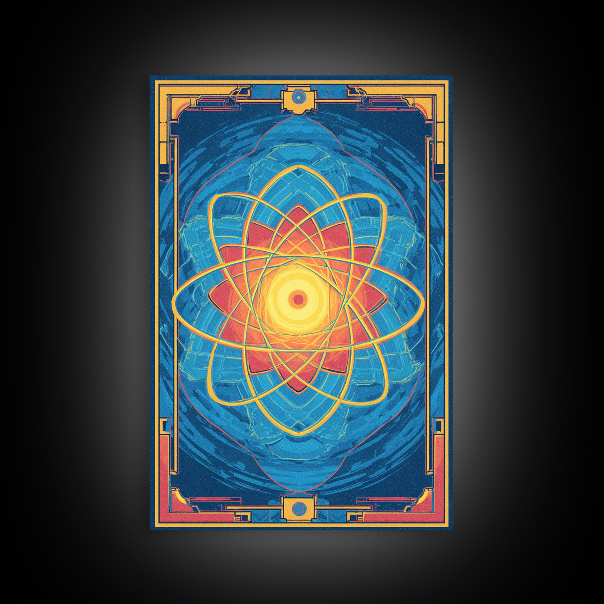 Radiant Atomic Mandala Framed Canvas Print, Midcentury Modern Art, Blue Geometric Wall Decor, Retro Sci Fi Home Poster Gift