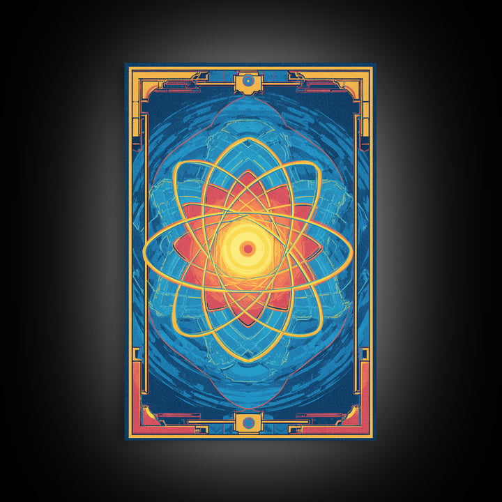 Radiant Atomic Mandala Framed Canvas Print, Midcentury Modern Art, Blue Geometric Wall Decor, Retro Sci Fi Home Poster Gift