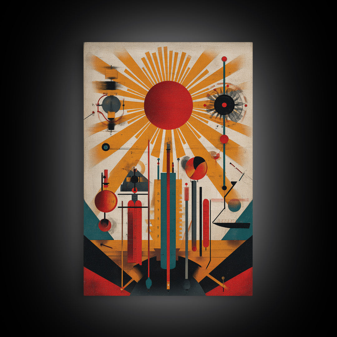 Red Sunburst Machine Wall Art, Midcentury Modern Abstract Poster, Bauhaus Geometric Print, Atomic Retro Office Decor Gift