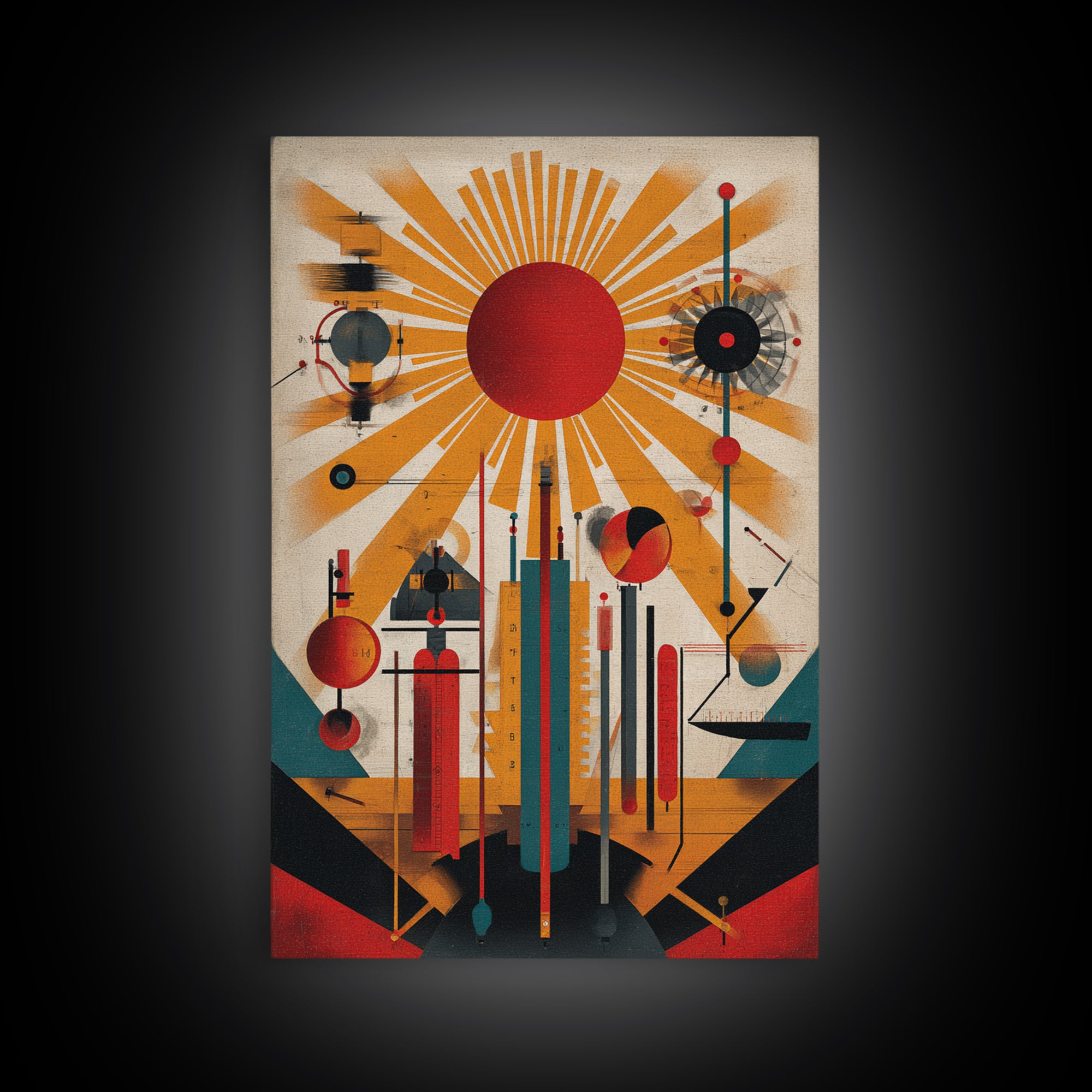 Red Sunburst Machine Wall Art, Midcentury Modern Abstract Poster, Bauhaus Geometric Print, Atomic Retro Office Decor Gift