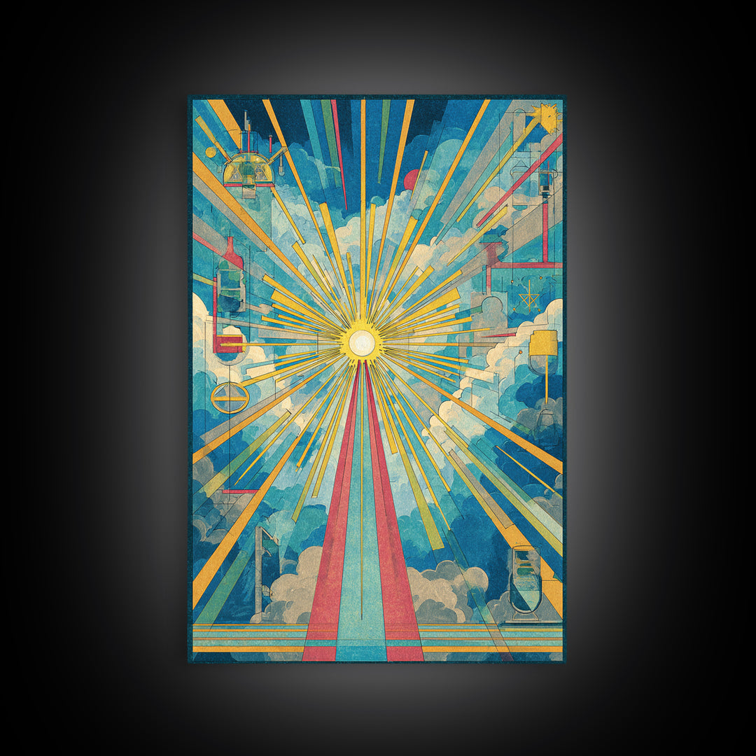 Radiant Cloud Cathedral Canvas Print, Midcentury Modern Sun Rays Poster, Colorful Geometric Sky Wall Art, Retro Home Decor