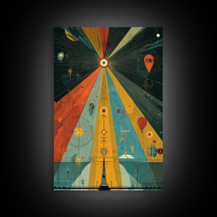 Prismatic Cosmic Beams Wall Art, Midcentury Modern Abstract Space Poster, Retro Geometric Sci Fi Decor, Colorful MCM Print