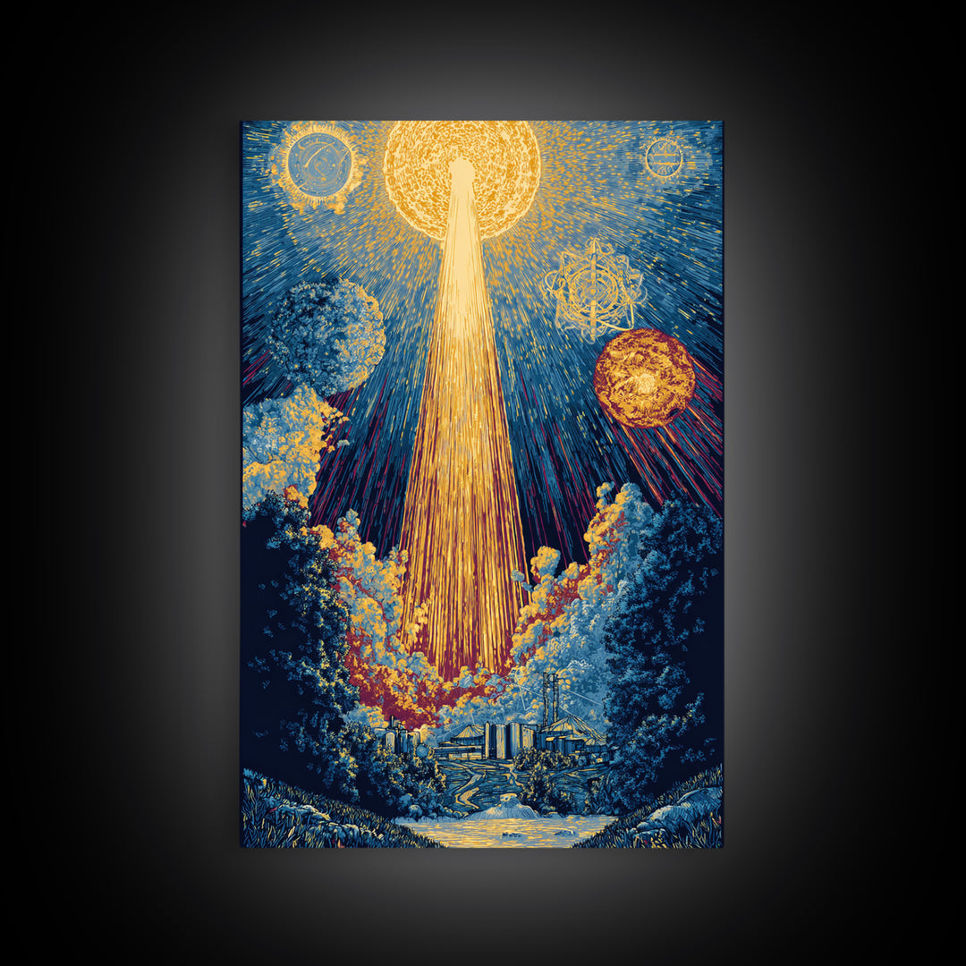 Golden Celestial Beam Canvas Print, Modern Abstract Art, Cosmic Sun Landscape Poster, Blue Yellow Wall Decor, Spiritual Gift
