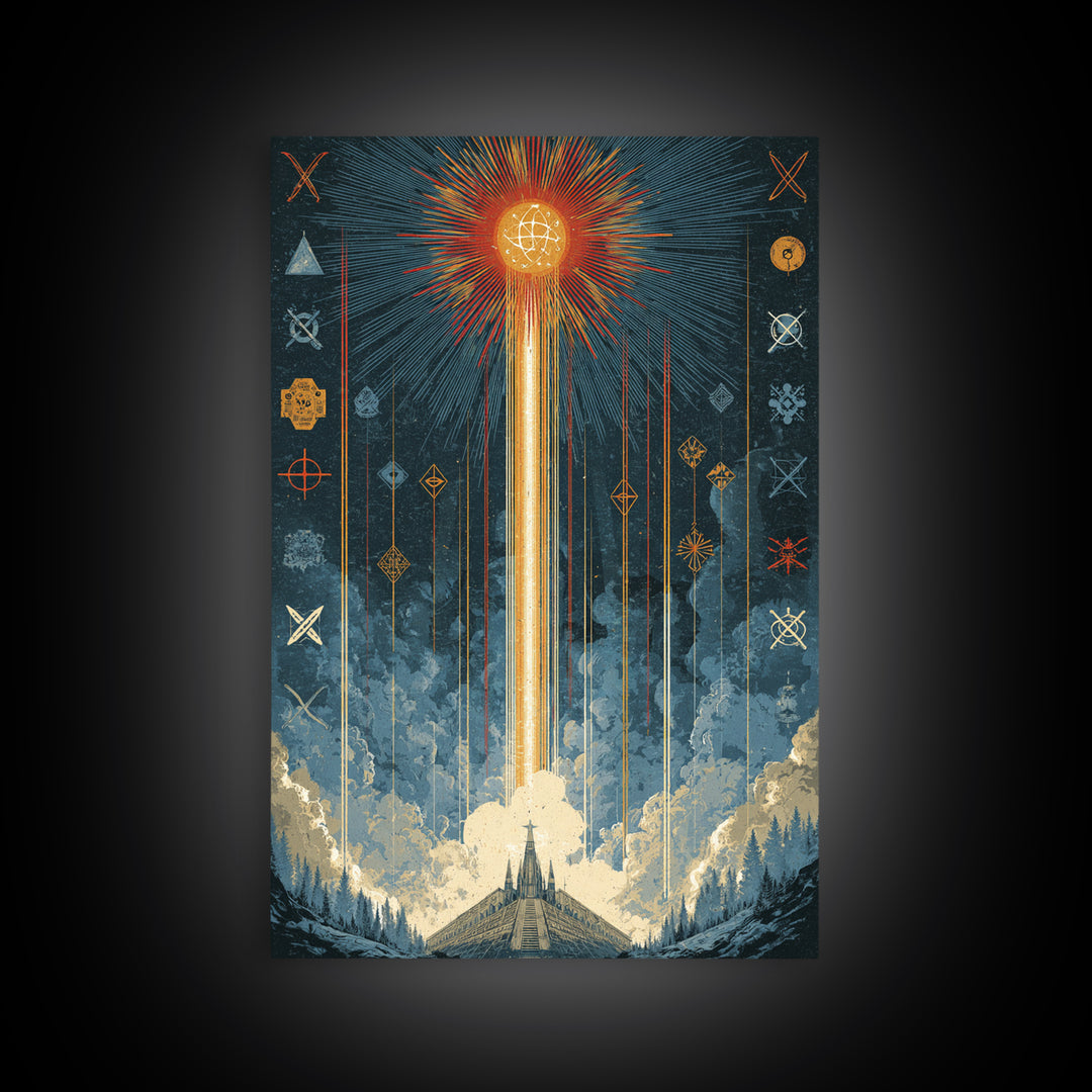 Mystic Rocket Launch Wall Art, Midcentury Modern Space Poster, Celestial Sunburst Landscape, Retro Sci Fi Office Decor Print