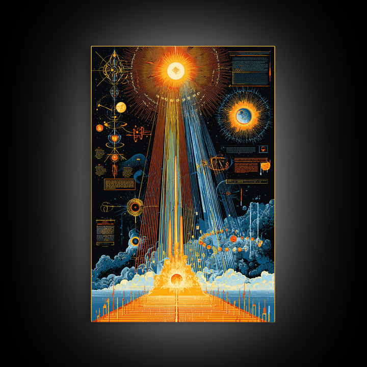 Illuminated Cosmic Diagram Framed Canvas Print, Midcentury Modern Abstract Space Art, Retro Sci Fi Wall Decor, MCM Poster