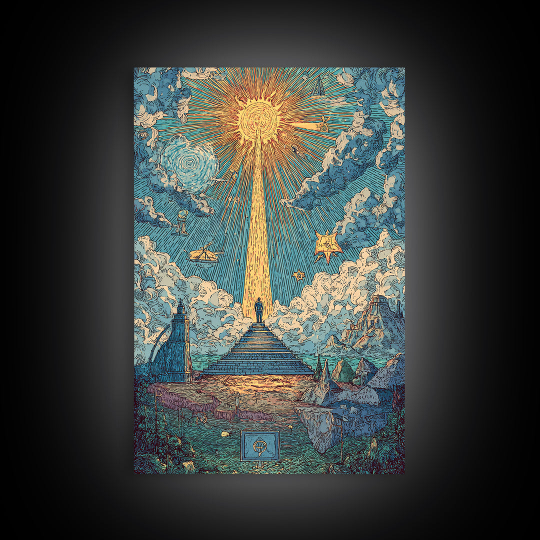 Stairway To Radiant Sun Wall Art, Modern Celestial Landscape Poster, Blue Cloud Fantasy Print, Spiritual Home Office Decor