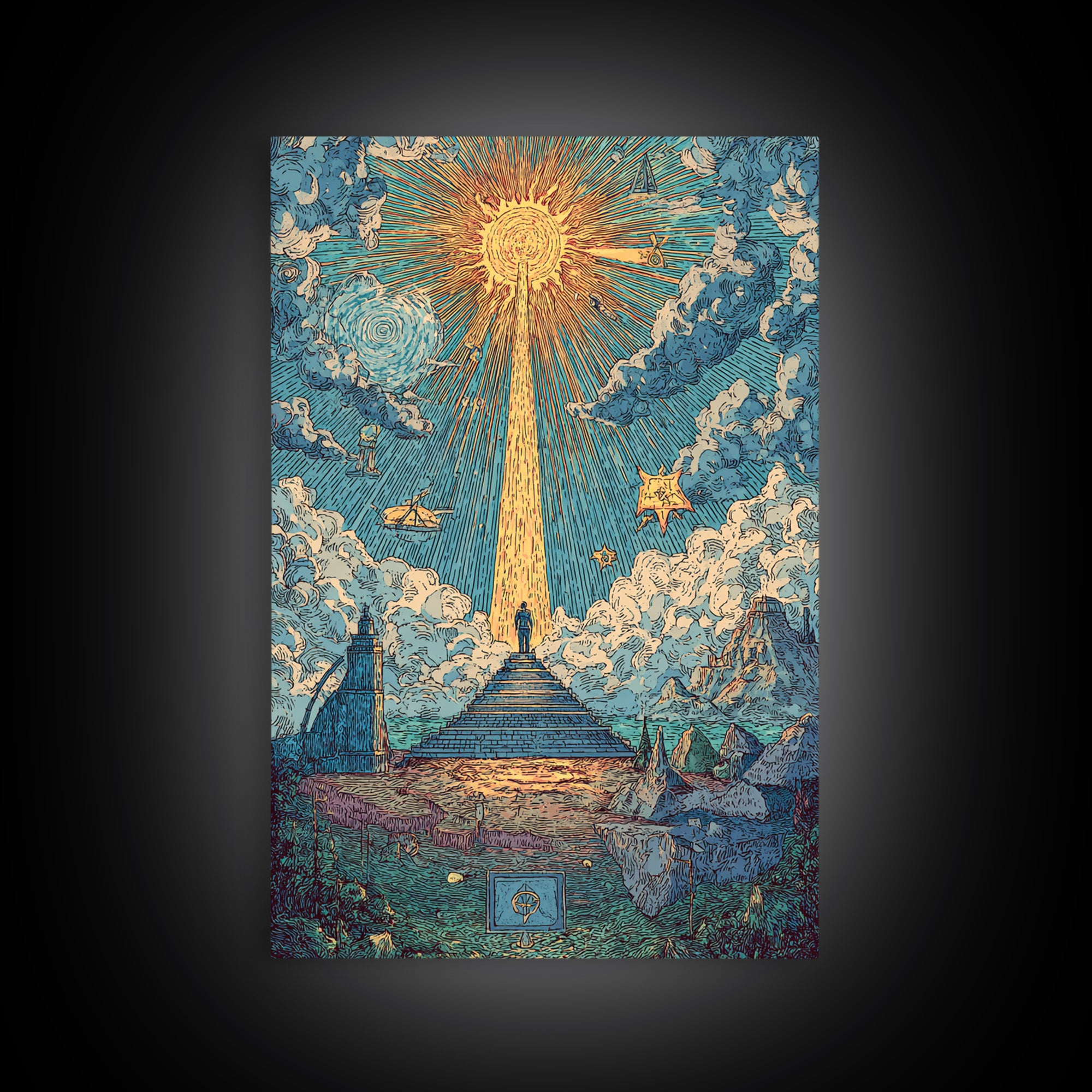 Stairway To Radiant Sun Wall Art, Modern Celestial Landscape Poster, Blue Cloud Fantasy Print, Spiritual Home Office Decor