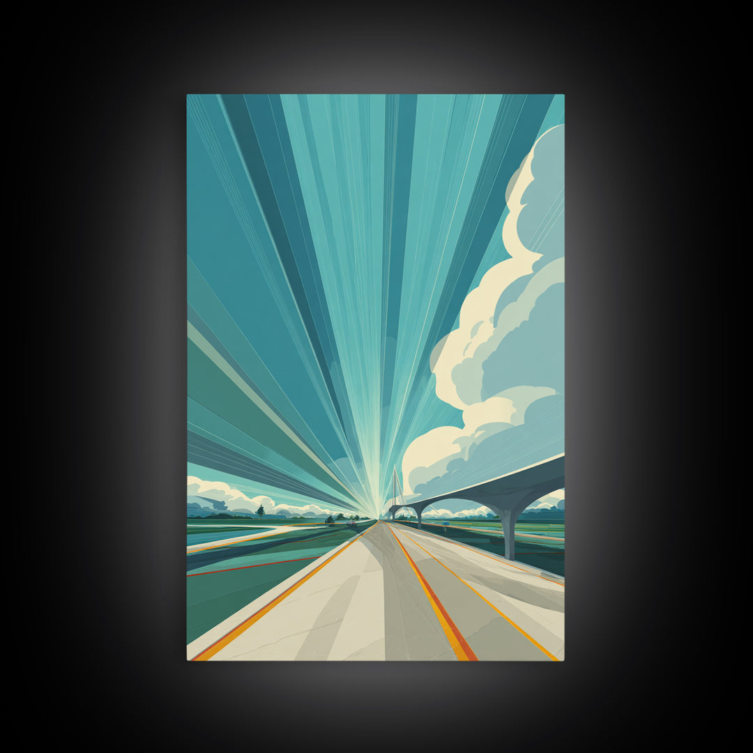 Futuristic Highway Light Rays Wall Art, Retro Modern Poster, Architectural Art, Travel Wall Art, Blue Geometric Office Decor